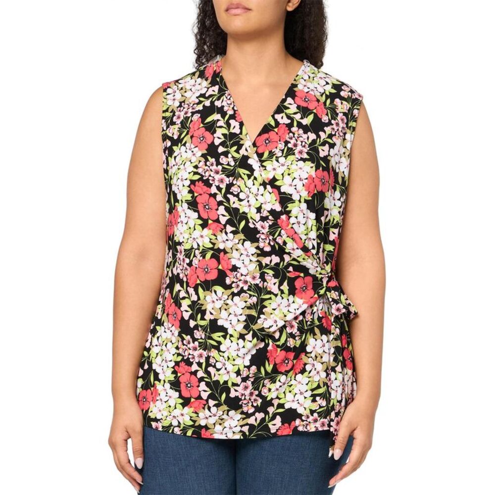 Anne Klein Womens Printed Faux-Wrap Sleeveless Top 3X Anne Black/Red Pear - NWT